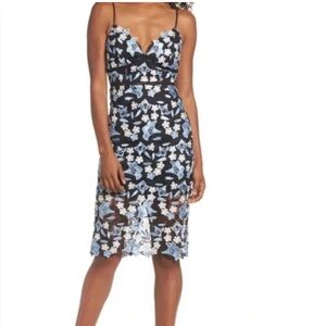 Bardot Black and Blue Floral Lace Midi Sheath Dress | 4/XS